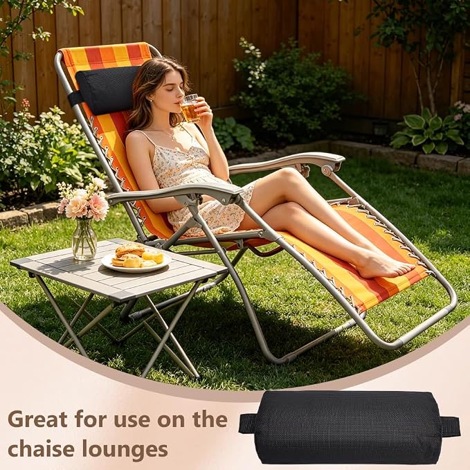 BENECREAT 2Pcs Outdoor Chaise Lounge Head Pillow, Outdoor Patio Pillows with Adjustable Strap for Patio Chair Recliner Head Support, Black