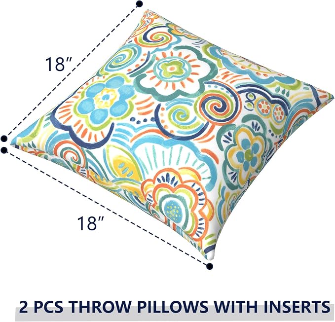 Outdoor Pillows for Patio Furniture 18x18 inch, Square Outdoor Throw Pillows with Inserts, Decorative Toss Pillows for Garden Couch Home Sofa Office Chair, Pack of 2, Flower Blue
