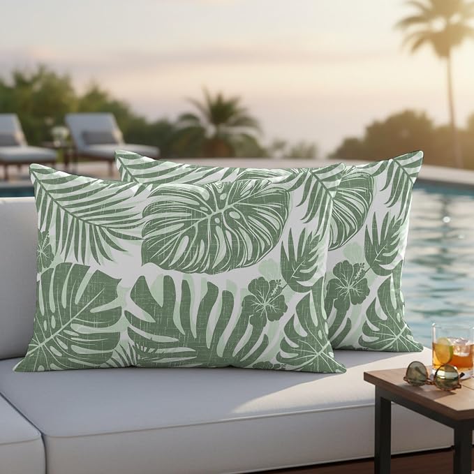 Green Palm Leaves Outdoor Pillow Covers 20"x12" Set of 2, Tropical Botanical Minimalist Modern Waterproof Throw Pillow Covers for Patio Furniture, Decorative Cushion Covers for Porch