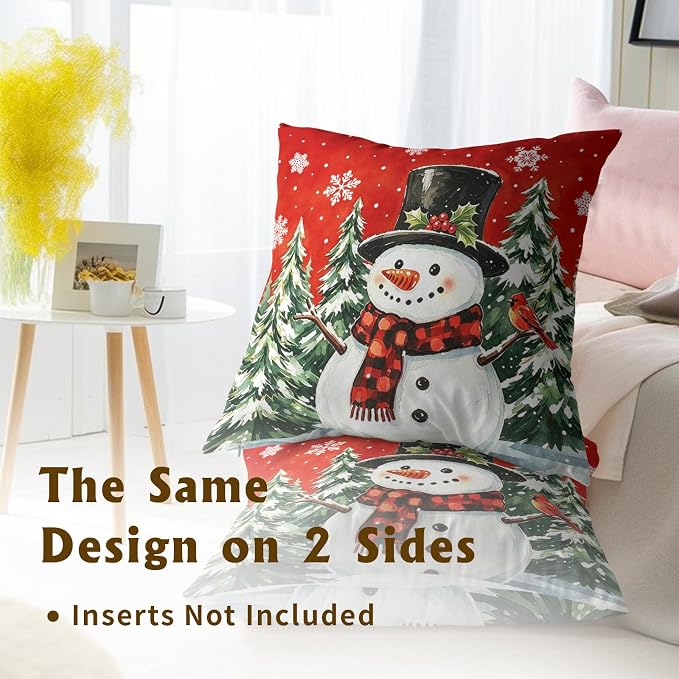 Christmas Throw Pillow Covers 18x18 Inch – Pack of 2 Snow Snowman Pine Trees Holiday Cotton Hidden Zipper Pillowcases for Couch Sofa Bed Porch Farmhouse Home Decor