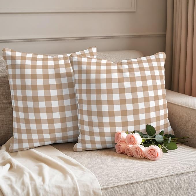 Brown Checks Outdoor Pillow Covers 16"x16" Set of 2, Beige Rustic Gingham Plaid Abstract Modern Waterproof Throw Pillow Covers for Patio Furniture, Decorative Cushion Covers for Porch