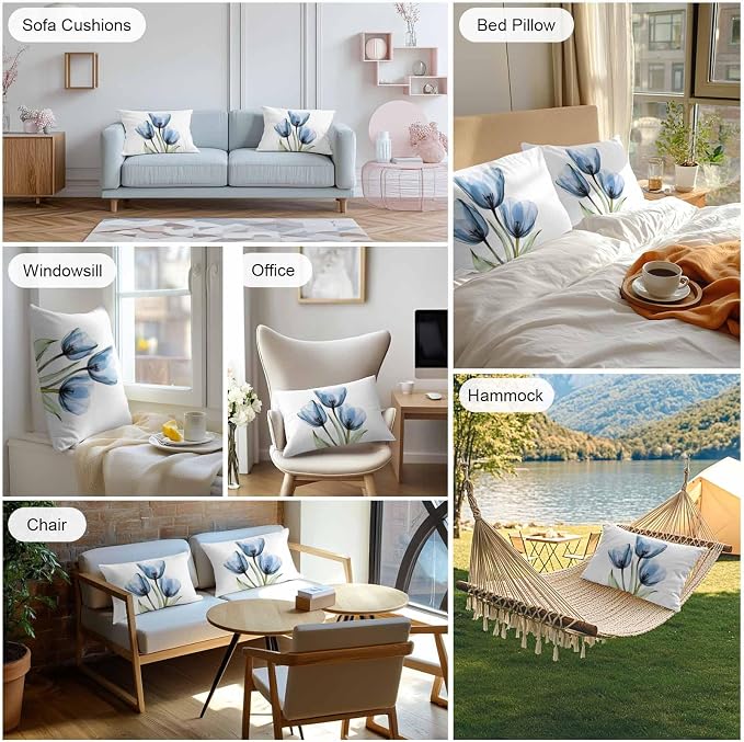Rustic Blue Tulip Outdoor Pillow Covers 20x12in Pack of 2 Waterproof Pillowcase Watercolor Farmhouse Flower Decorative Throw Cushion Case for Patio Couch Sofa