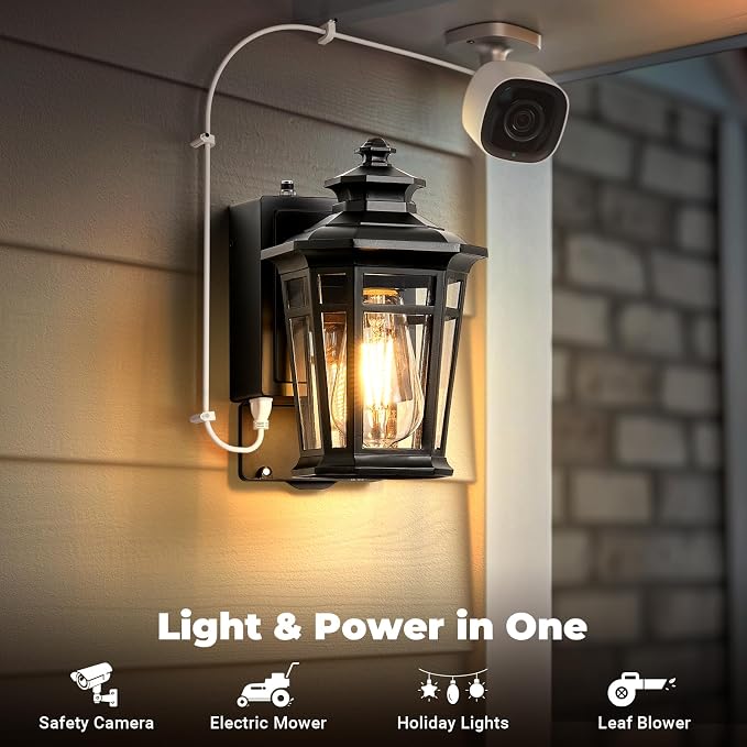 Gleamz Black Dusk to Dawn Outdoor Lighting with GFCI Outlet, Exterior Light Fixtures with Outlet, 9in H Lantern Wall Mount Aluminum Waterproof Anti-rust, Outside Lights for House, Proch, Patio, Garage