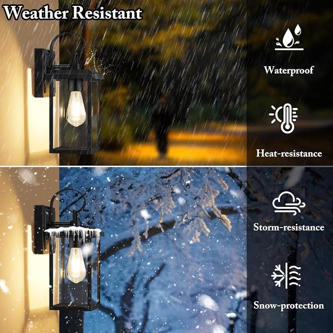 BesLowe 2-Pack 15” Outdoor Wall Light Fixtures, Black Modern Porch Sconces | Waterproof, Rust-Resistant, Durable Metal with Clear Glass, Standard E26 Socket, Easy to Install