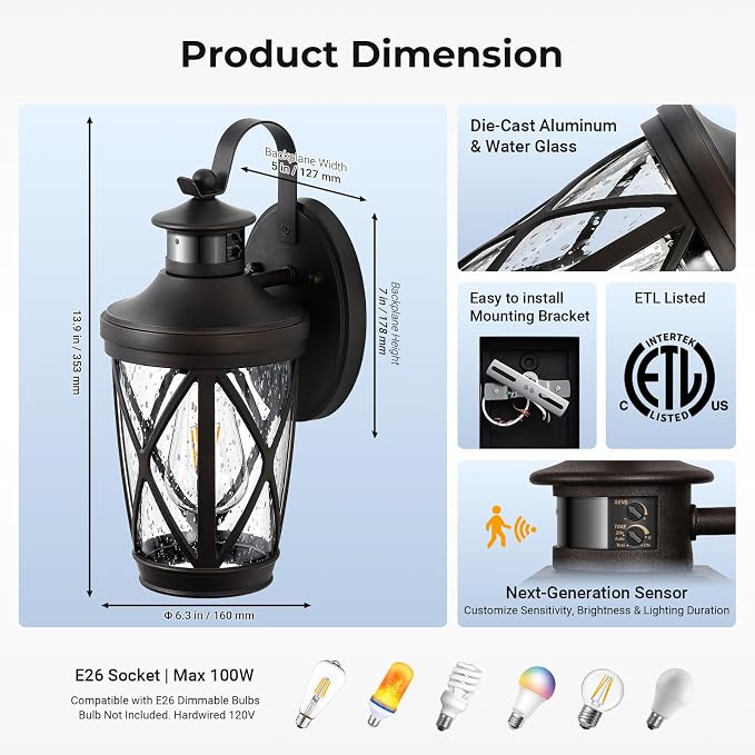VIANIS Outdoor Motion Sensor Light, Brown Exterior Lighting Fixtures, Oil Rubbed Bronze Outside Lights for House, Waterproof Outdoor Lanterns for Porch, Anti-rust Dusk to Dawn Sensor Wall Mount Sconce | Wall Mount Lanterns, Waterproof Coach Lights, Ant...