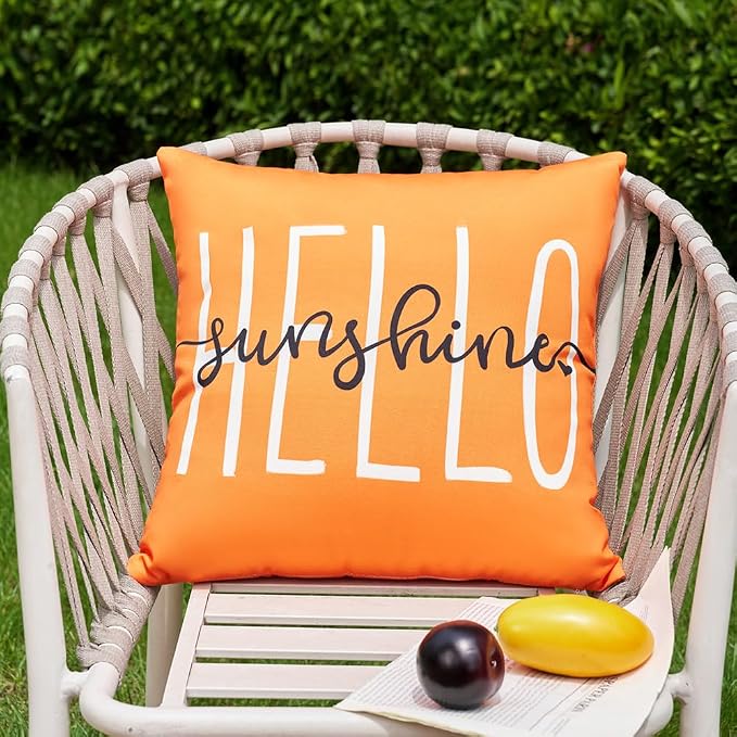 DFXSZ Orange Outdoor Waterproof Pillow Covers 20x20 Set of 2 | Hello Sunshine Decor Summer Fall Polyester Pillow Covers(NO INSERTS)| Decor for Patio Funiture Garden Sofa Couch