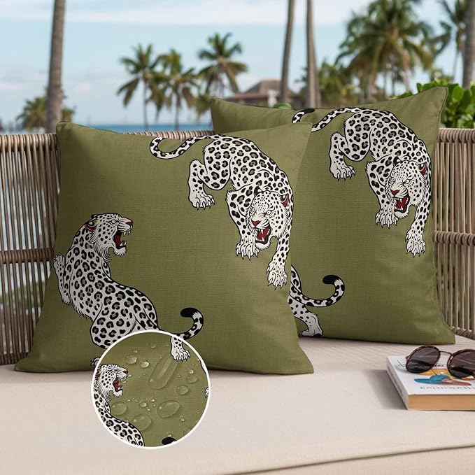 Yukro Green Leopard Outdoor Waterproof Pillow Covers Pack of 2, Modern Style Wild Animal Rustic Linen Texture Throw Pillowcases Decorative Cushion Covers for Garden Patio Tent Sofa Couch, 20x20 inch