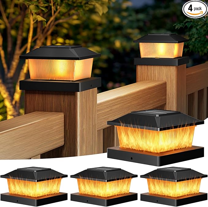 btfarm 4x4 Solar Flame Post Cap Lights Outdoor, 4 Pack Flickering Flame Fence Deck Post Lights, Waterproof Solar Powered Lighting Outside Fit 4x4 3.5x3.5 Wooden/Vinyl for Porch Patio Garden, Black Cap