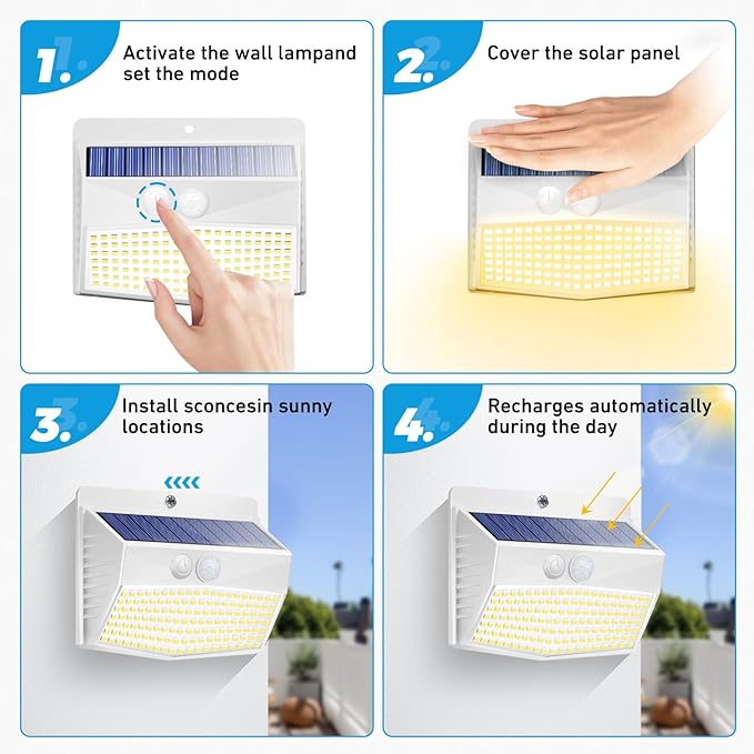 Solar Outdoor Lights, [8 Packs] Motion Sensor Security Lights with 3 Lighting Modes Wall Lights Waterproof Solar Powered Lights for Garden Yard,White Warm