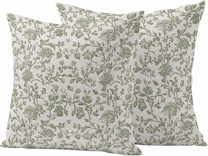 Pastoral Flowers Outdoor Pillow Covers 16"x16" Set of 2, Green Flower Vintage Linen Texture Waterproof Throw Pillow Covers for Patio Furniture, Decorative Cushion Covers for Porch