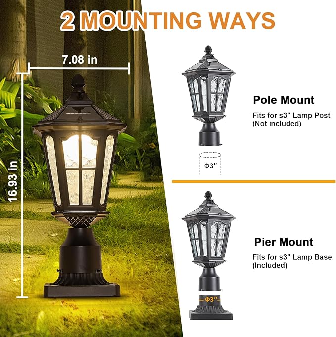 2 Pack Outdoor Solar Lamp Post Light with Pier Mount Base, Dusk to Dawn Aluminium Classic Exterior Pole Lamps with Water Ripple Glass, Solar Pillar Lights for Fence, Gate, Driveway, Black