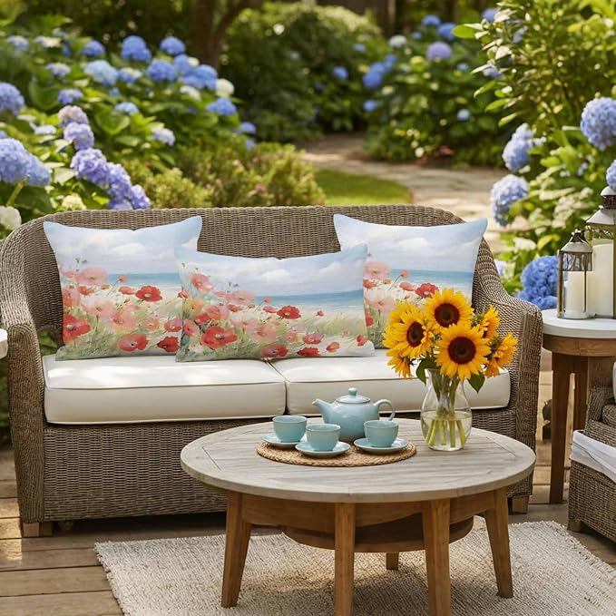 Spring Red Pink Floral Outdoor Pillow Covers 20x20 Inch Throw Pillow Covers Set of 2 Waterproof Decorative Pillow Cases Summer Coastal Beach Wave Ocean Blue Cushion Covers for Patio Furniture Garden