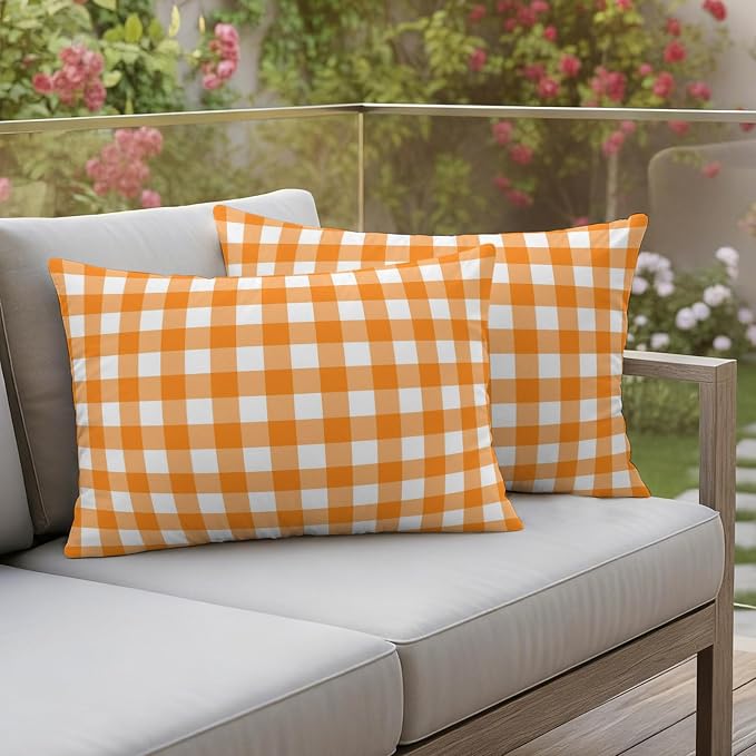 Orange Checks Outdoor Pillow Covers 20"x12" Set of 2, White Gingham Plaid Abstract Modern Summer Waterproof Throw Pillow Covers for Patio Furniture, Decorative Cushion Covers for Porch
