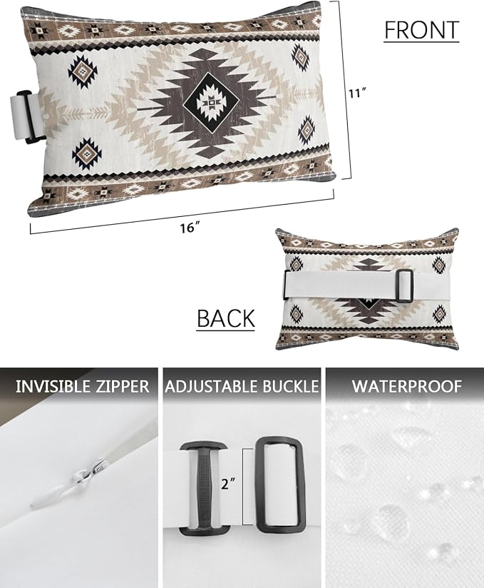 Outdoor Pillows Waterproof Covers Set of 2, Brown Bohemian Adjustable Elastic Chaise Lounge Headrest Pillow Covers, Aztec Boho Tribal Decorative Lumbar Pillow for Pool Patio Furniture 11x16 Inch