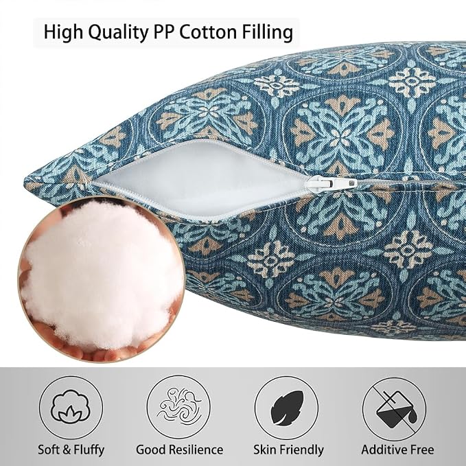Magpie Fabrcis Pack of 2 Outdoor Waterproof Throw Pillow with Insert 18 x 18 Inch, Christmas Decorative Back Cushion Pad for Garden Patio Tent Balcony Couch Sofa(Morgan Medal Blue)