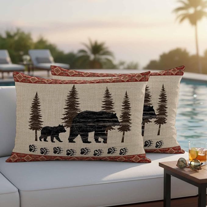 Bear Outdoor Waterproof Throw Pillow Covers 20 x 12 Inches Set of 2 Pine Forest Nature Bear Nature Vintage Boho Decorative Cushion Cover Pillowcase for Garden Patio Tent Beach Livingroom Sofa Couch
