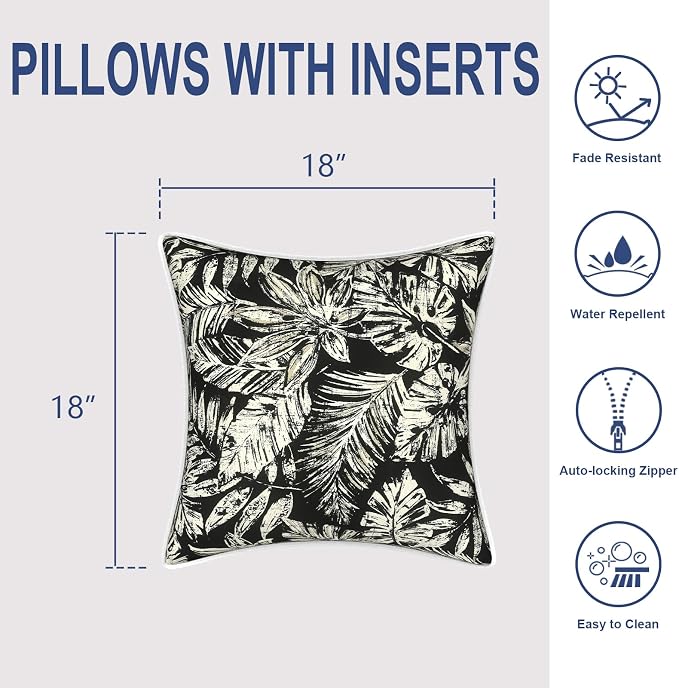 Outdoor Throw Pillows Inners, Fade Resistant Patio Furniture Square Pillows with Piping Set of 2 for Patio Furniture, 18x18 Inch, Tropical Leaf Black