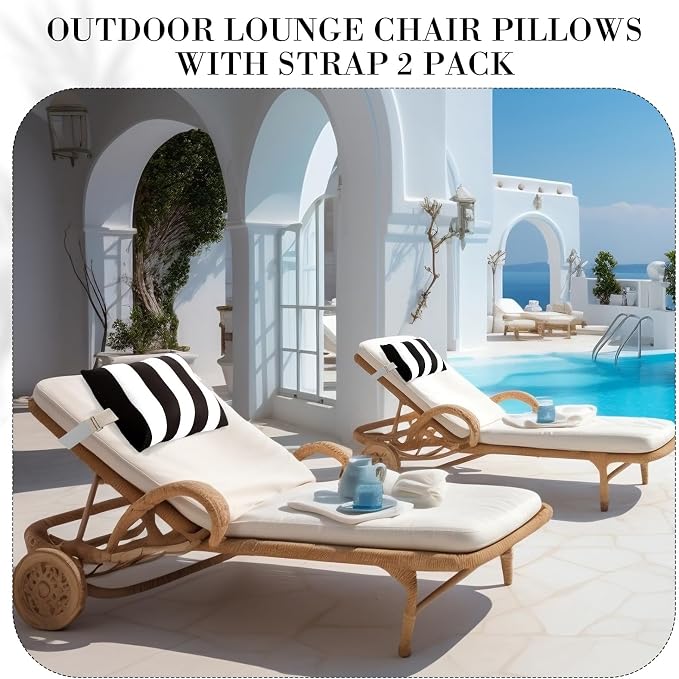 Lineshading 4 Pcs Chaise Lounge Pillow with Strap Outdoor Waterproof Pool Chair Neck Headrest Pillows with Adjustable Elastic Band for Beach Patio Chair Recliner(White and Black,Stripe)