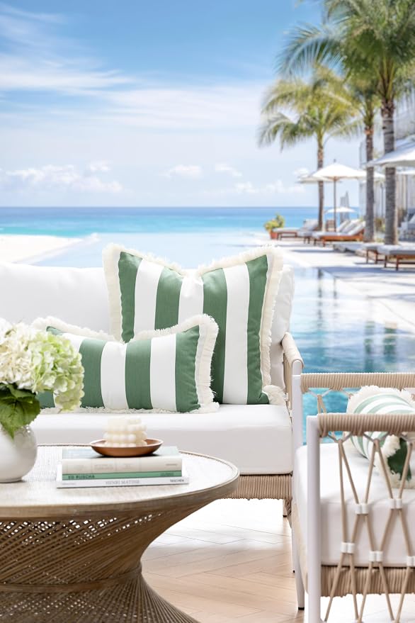 Hofdeco Premium Coastal Hampton Outdoor Performance Lumbar Pillow Cover Only, 12"x20" Water Repellent, UV and Fade Resistant for Backyard, Couch, Poolside, Green Woven Beach Stripes