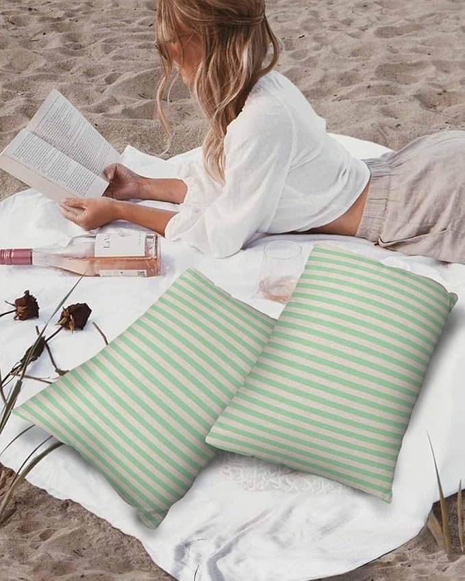 Outdoor Waterproof Throw Pillow Covers Set of 2 Green Stripes Lumbar Pillowcases 20x12 Inches Linen Classic Vertical Striped Patio Decorative Pillows Cushion Case Patio Pillows for Couch Bed Garden