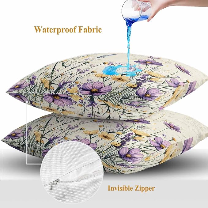 Spring Floral Outdoor Waterproof Throw Pillow Covers Set of 2, 18"x18", Purple Yellow Flower Leaves Retro Letter Texture Decorative Pillow Covers Outside Cushion Case for Patio Porch Garden