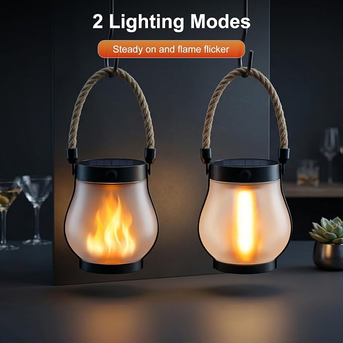 Solar Lanterns Outdoor Waterproof 2-Pack, Flickering Flame Effect | Rechargeable lanterns with USB-C charging, a decorative hanging design, and dusk-to-dawn use for patios, porches and gardens