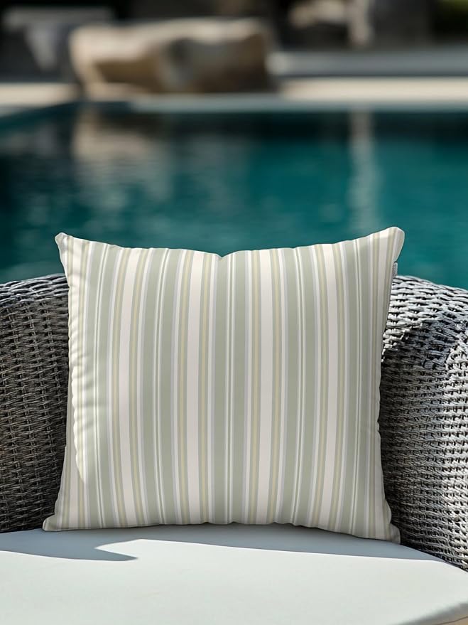 Waterproof Outdoor Pillow 1 Pack Sage Green Stripes Decorative Throw Pillows Cover & Insert 16x16 Inch Pillowcase White Lines Lines Square Pillows for Couch Sofa Bed Patio Furniture Indoor Outdoor