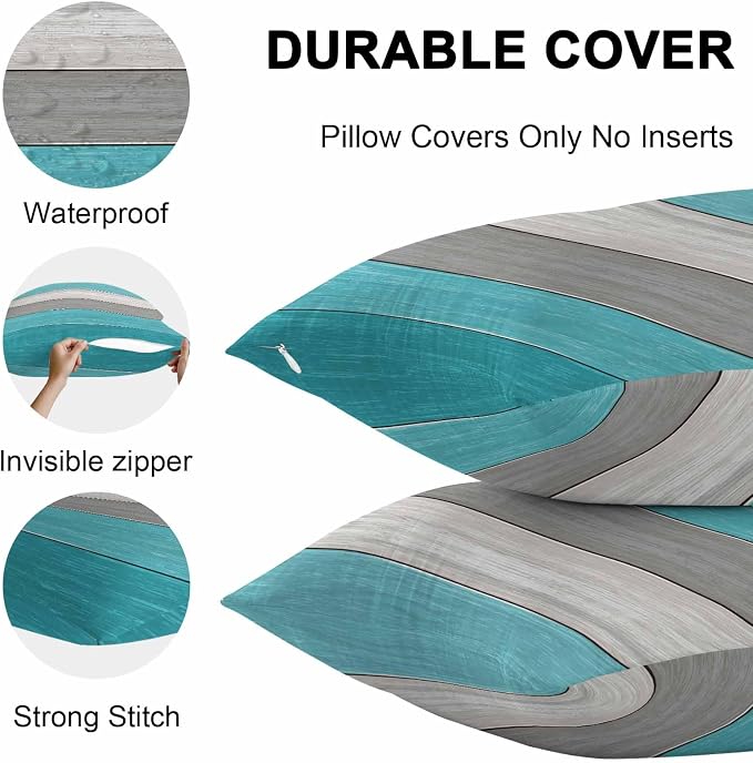 Outdoor Throw Pillow Covers 26X26 Set of 2 Waterproof Ombre Aqua Blue Gray Decorative Zippered Cushion Covers for Patio Furniture, Farmhouse Retro Rustic Barn Wood Texture Lumbar Pillowcases
