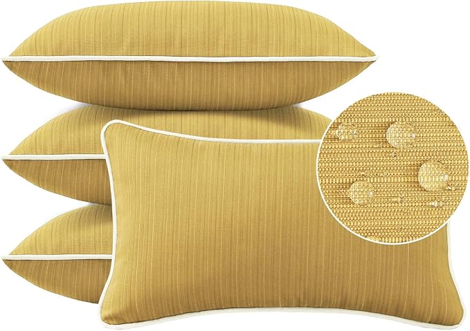 Unimatta Decorative Outdoor Water Repellent Throw Pillows with Inserts, Set of 4, 20" x12" Pillows for Patio, Backyard, Bed, Couch, and Patio Furniture, Yellow Brown