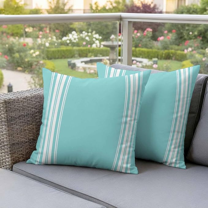 Outdoor Pillow Covers 18x18 Set of 2 Teal Stripes Outdoor Pillows Waterproof Throw Pillow Covers French Stripe Farmhouse Style Pillowcases Decorative Case for Patio Cushion