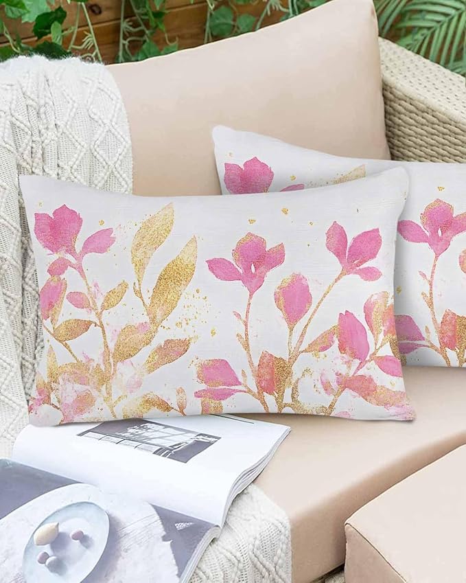 Vandarllin Outdoor Throw Pillows Covers 20x12 inch Set of 2 Waterproof Pink Yellow Flowers Decorative Zippered Cushion Covers for Patio Furniture, Wildflowers Lumbar Pillowcases