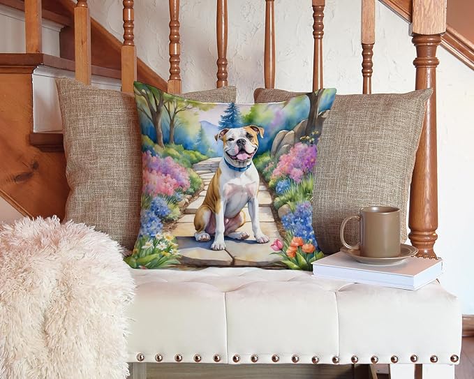 Caroline's Treasures American Bulldog Spring Garden Throw Pillow Machine Washable, Indoor Outdoor Decorative Pillow for Couch, Bed or Patio, 14Hx14W