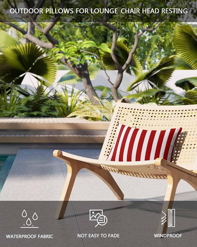 DecorLovee Red Striped Outdoor Recliner Pillows for Head, Christmas Waterproof Chair Pillow with Elastic Stripe, Farmhouse Red White Stripes Chaise Lounge Headrest Pillow for Patio/Pool 2Pack, 11"x16"