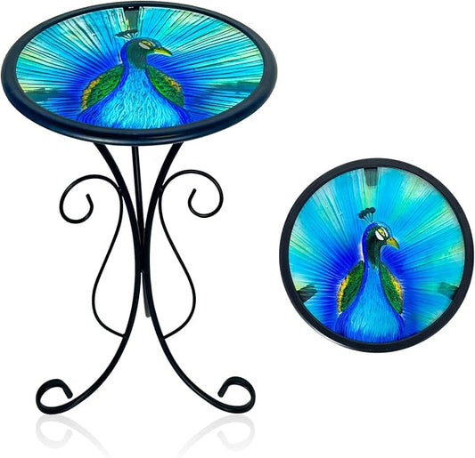 LIFFY Outdoor Side Table, 12" Glass Peacock Tabletop Patio Tables with Metal Frame, 21" Height Indoor Small Round Home Decorative Plant Stand Outside for Garden Patio Yard Porch