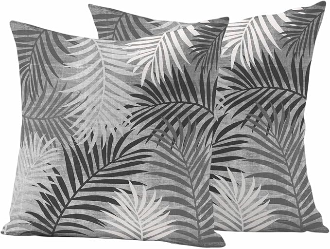 Outdoor Waterproof Throw Pillow Covers, Grey Palm Leaves Decorative Pillow Cases, Summer Botanical Tropical Leaf Couch Pillow Protector Patio Sofa Cushion Covers Replacement 18"x18" 2 Pack