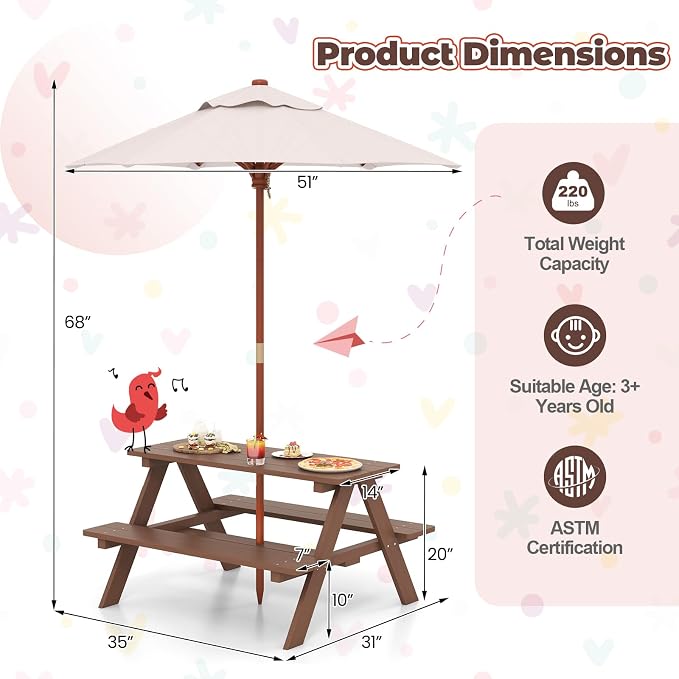 HONEY JOY Kids Picnic Table, Toddler Outdoor Table & Bench Set, Wooden Children Patio Furniture with Folding Umbrella, Kids Picnic Tables for Outdoors, Gift for Boys Girls