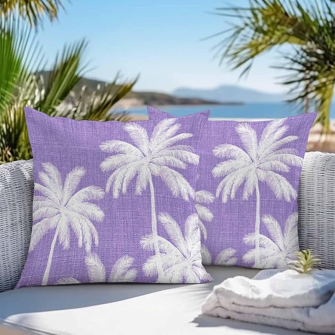 Outdoor Pillow Covers 26x26 Inch Set of 2, Purple Palm Trees Waterproof Throw Pillow Covers, Farmhouse Tropical Summer Beach Decorative Cushion Pillowcases for Couch, Sofa, Bed, Garden, Patio
