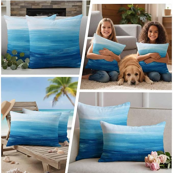 Outdoor Waterproof Throw Pillow Covers, Sky Blue Coastal Decorative Pillow Cases, Nautical Modern Ocean Wave Couch Pillow Protector Patio Sofa Cushion Covers Replacement 20"x20" 2 Pack