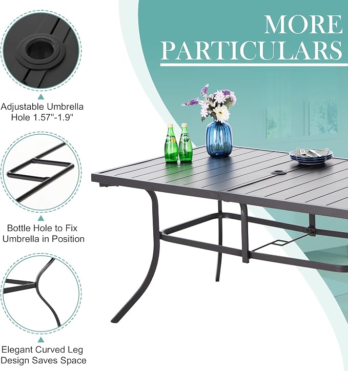 MFSTUDIO Outdoor Dining Set for 6, Patio Furniture Set with Navy Umbrella (Base not Included), Outdoor Rectangle Table and Navy Swivel Chairs Set for Patio, Deck, Backyard, Garden
