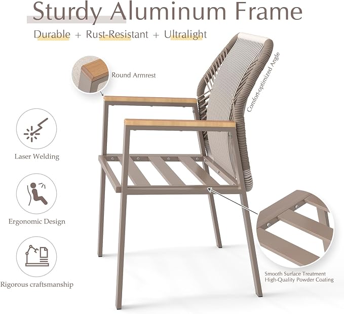 Aluminum Outdoor Patio Dining Chairs - Imitation Rope Vine Chair Ergonomic Backrest Design Detachable Seat Cushion Soft and Breathable Garden Porch, Light Brown 2Pcs