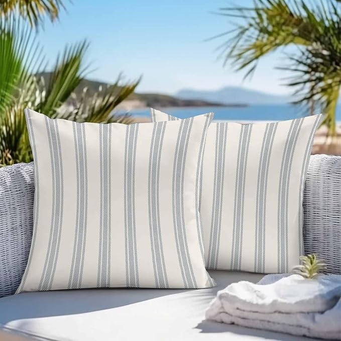 Throw Pillow Covers 20x20 Inch Set of 2, Blue Striped Waterproof Outdoor Cushion Covers, Modern Stripes Farmhouse Decorative Pillowcases for Couch, Sofa, Bed, Garden, Patio