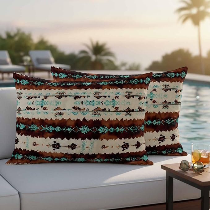 Western Aztec Outdoor Pillow Covers 20"x12" Set of 2, Brown Turquoise Tribal Ethnic Geometric Waterproof Throw Pillow Covers for Patio Furniture, Decorative Cushion Covers for Porch