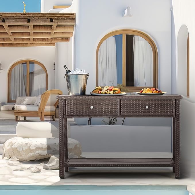 Outdoor Console Table with Drawer Patio Buffet Bar Storage Organizer 45"Long Wicker Sofa Serving Sideboard Table 2-Shelf Outdoor Narrow Bar Table Tall Rectangle with Adjustable Feet for Entryway Brown