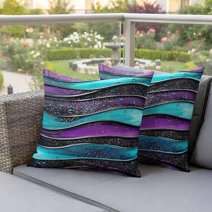 JasmineM Outdoor Pillow Cover 24x24 Inches Set of 2 Abstract Purple Teal Wave Waterproof Throw Pillow Covers Modern Black Strips Decorative Pillowcases Garden Cushion Case for Patio Couch Sofa