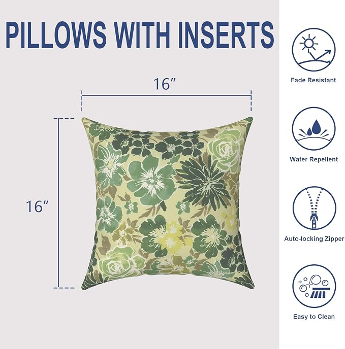 Outdoor Throw Pillows 16x16 Inch, Water Repellent Patio Pillows with Inners Set of 2 for Patio Furniture Home Graden, Green Rose