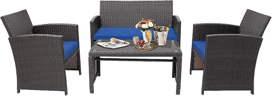 HAPPYGRILL Set of 4 Rattan Conversation Set Outdoor Wicker Furniture Set with Tempered Glass Coffee Table, Soft Cushions, Weather-Resistant Rattan Chair Set for Garden Backyard Poolside