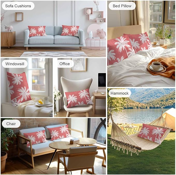 Lumbar Pillow Covers 20x12 Inch Set of 2, Coral Red Palm Trees Waterproof Outdoor Pillow Covers, Farmhouse Tropical Summer Beach Decorative Cushion Pillowcases for Couch, Sofa, Bed, Garden, Patio