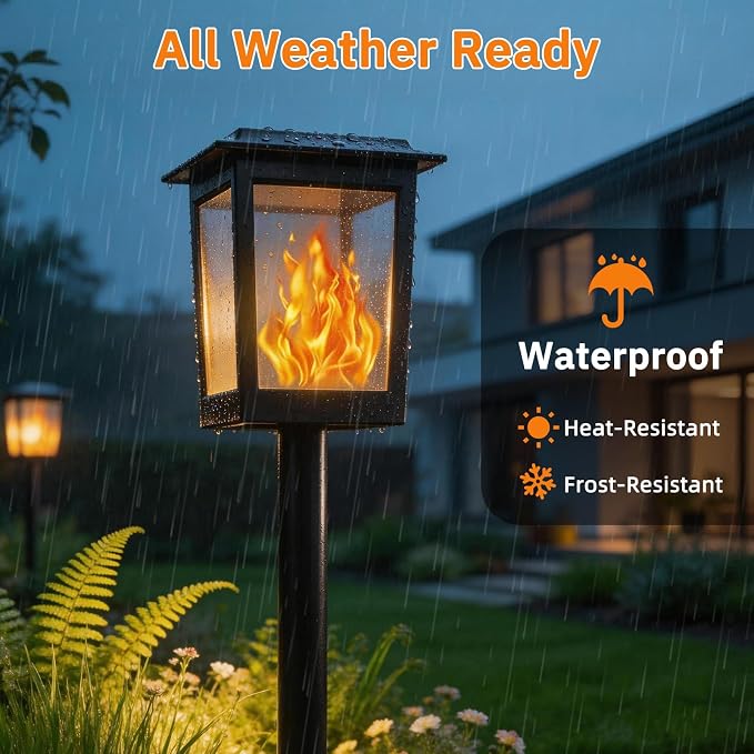 KYEKIO Gen2 Flickering Flame Solar Torch Lights, Large Solar Lights Outdoor | Waterproof for Halloween Decorations, Square Garden Lights Solar Powered, LED Tiki Torches for Outside, Yard Decor, 6 Pack
