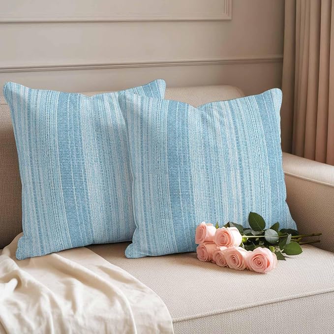 Abstract Blue Outdoor Pillow Covers 26"x26" Set of 2, Rustic Farmhouse Minimalist Blue Vertical Striped Lines Waterproof Throw Pillow Covers for Patio Furniture, Decorative Cushion Covers for Porch