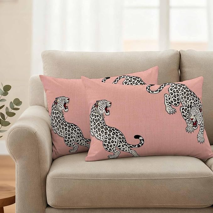 Vandarllin Outdoor Throw Pillows Covers 20x12 inch Set of 2 Waterproof Pink Leopard Decorative Zippered Cushion Covers for Patio Furniture, Bohemian Animal Print Lumbar Pillowcases